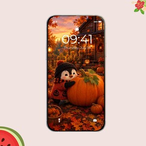 May include: A smartphone displaying a lock screen with a digital illustration of a penguin wearing a red sweater and black beanie, hugging a large orange pumpkin. The background features an autumn scene with a rustic house, fallen leaves, and pumpkins.