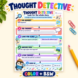 Challenging Negative Thoughts,Coping Skills Worksheet for Kids:Thought Detective,Anxiety Activities,Color,B&W