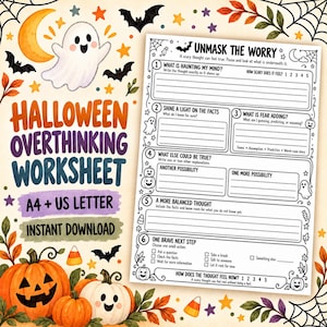 May include: A Halloween overthinking worksheet titled Unmask the Worry, featuring six numbered sections for cognitive reflection. The page includes black and white illustrations of ghosts, bats, and pumpkins, with text prompts for writing thoughts and feelings.