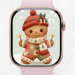 Könnte beinhalten: Smartwatch mit Lebkuchenmann-Design auf dem Bildschirm. Der Lebkuchenmann trägt einen rot karierten Hut und Schal und hält Sternenstäbe. Der Bildschirm zeigt die Uhrzeit 11:11 und den Tag Freitag an.