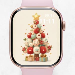 Könnte beinhalten: Eine roségoldene Apple Watch mit einem Weihnachtsbaum-Design auf dem Bildschirm. Der Baum besteht aus roten, blauen und weißen Kugeln, gekrönt von einem goldenen Stern. Die Uhrzeit ist 11:11.