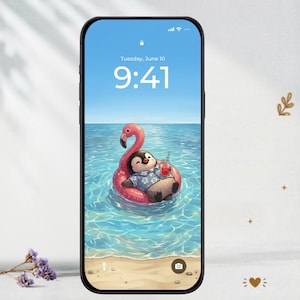 May include: A smartphone displaying a lock screen with a digital illustration of a penguin wearing a blue floral shirt, relaxing in a pink flamingo pool float on clear blue ocean water, holding a red drink with a straw under a bright sky.