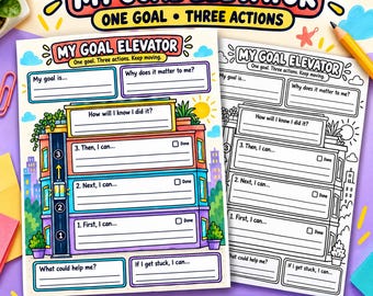 以下が含まれることがあります： 「My Goal Elevator」というタイトルの目標設定ワークシート。1つの目標と3つのアクションを記入する欄があります。エレベーターシャフトが描かれたカラフルな建物のイラストと、印刷用の白黒バージョンが含まれています。