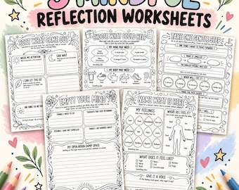 以下が含まれることがあります： 「5 MINDFUL REFLECTION WORKSHEETS」、「SORT WHAT CAME OUT」、「CHOOSE WHAT COULD HELP」、「TAKE ONE GENTLE STEP」、「EMPTY YOUR MIND」、「NAME WHAT IS HERE」というテキストが書かれた、白黒の5枚のマインドフル・リフレクション・ワークシート。様々なプロンプトやアイコンが描かれています。