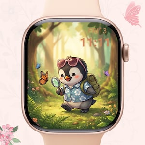 May include: A smartwatch with a light pink frame and a digital display showing a cartoon penguin wearing pink sunglasses and a blue floral shirt, holding a magnifying glass in a forest setting with butterflies, displaying the time 11:11 and date FRI 13.