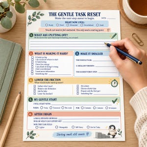 以下が含まれることがあります： The Gentle Task Resetというタイトルのタスクプランナーシート。タスクの特定、細分化、ハードルの引き下げ、開始計画のためのセクションがあります。パステルカラーのボックス、緑の葉のイラスト、ペンギンのグラフィックが特徴です。
