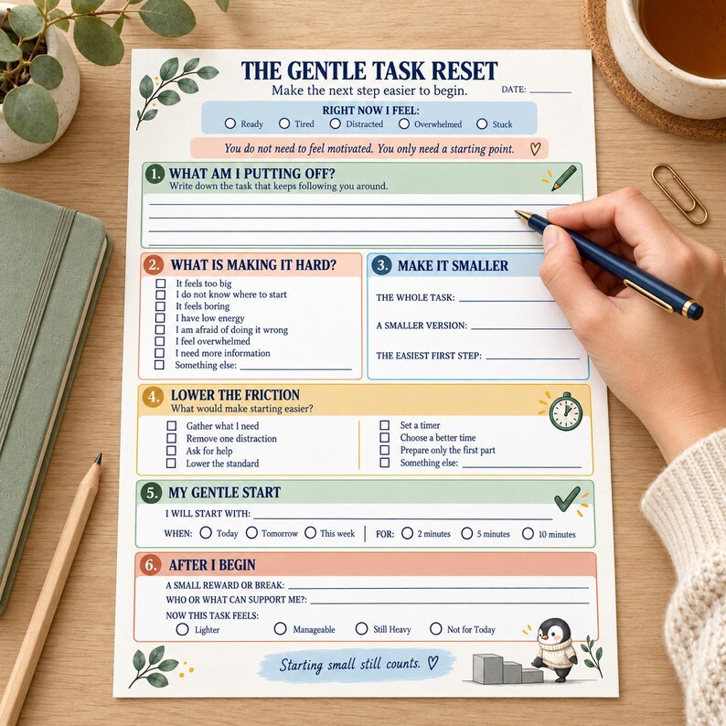 以下が含まれることがあります： The Gentle Task Resetというタイトルのタスクプランナーシート。タスクの特定、細分化、ハードルの引き下げ、開始計画のためのセクションがあります。パステルカラーのボックス、緑の葉のイラスト、ペンギンのグラフィックが特徴です。