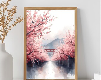 Kirschblüten Wandbild: Japanisches Torii Tor Aquarell (Digitaler Download)