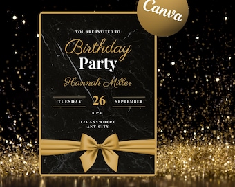 Schwarze und Gold-Geburtstagseinladung | Digitale Party einladen | Editierbare Geburtstagskarte | Sofort Download