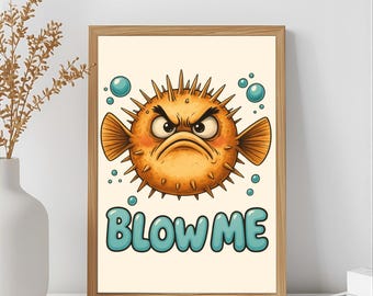Lustige Fischwandkunst | Kugelfisch „Blow Me“ | Humorvolles Badezimmer Dekor | Digitaler Download Poster