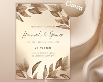 Boho Blatt-Hochzeits-Einladungs-Vorlage: Elegante moderne Schrift (editierbare Canva Invite)
