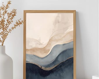 Abstrakte Welle in Beige und Dunkelblau Kunstdruck: Minimalistisches Boho Dekor (Digitaler Download)