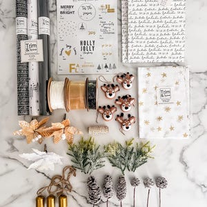 May include: A holiday gift wrapping set including three rolls of wrapping paper, a sheet of holiday stickers, a gift bag with 'fa la la' text, tissue paper with gold stars, three spools of ribbon, six felt deer ornaments, and decorative pinecones.