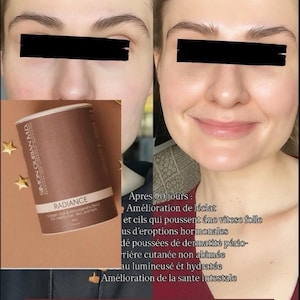 May include: A brown cylindrical container of Simon Ourian M.D. Radiance Collagen, Ashwagandha, and A&ccedil;a&iacute; blend. The image features a before and after comparison of a face, with French text overlay describing 90 days of use and skin improvements.