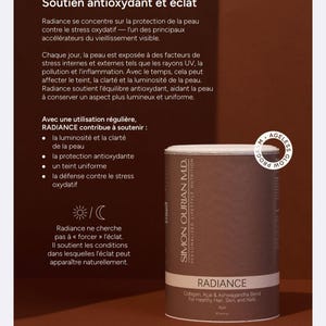 May include: A cylindrical brown container of Simon Ourian M.D. Radiance Collagen, Acai & Ashwagandha Blend for healthy hair, skin, and nails. The label features white text and a circular Ageless Glow Program logo. The background contains French text.