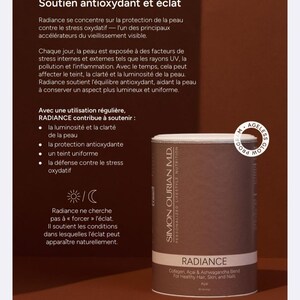 Pode incluir: Um recipiente cil&iacute;ndrico do suplemento Radiance da Simon Ourian M.D. O r&oacute;tulo apresenta texto em branco e castanho, incluindo "Collagen, A&ccedil;ai & Ashwagandha Blend For Healthy Hair, Skin, and Nails". O produto faz parte do Programa Ageless.