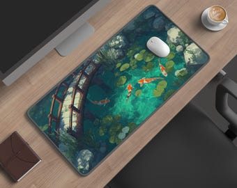 Japanese Koi Pond Desk Mat | Zen Garden Mouse Pad | Water Lily Bridge Desk Pad | Tranquil Nature Workspace Decor