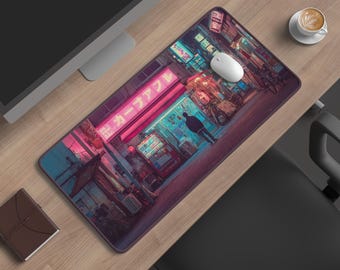 Cyberpunk Tokyo-bureaumat | Neon Japans straatbeeld muismat | Vaporwave-gamingdecor