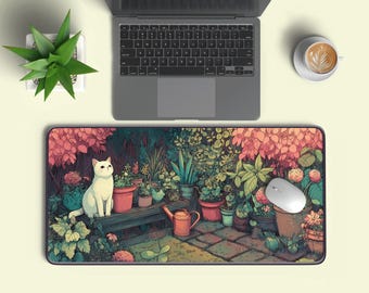 猫の庭柄デスクマット｜コテージコア風植物イラスト、植物好きへのギフト