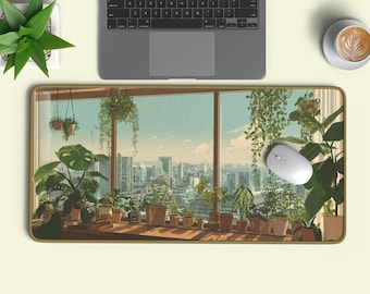 Botanische venster bureaumat | Gezellige stedelijke jungle planten kantoordecoratie