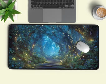 Enchanted Forest Desk Mat | Magical Firefly Mouse Pad | Fantasy Woodland Desk Pad | Mystical Nature Decor