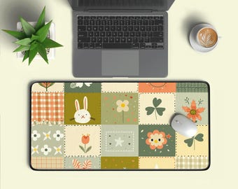 Cottagecore Bunny Desk Mat | Floral Patchwork Mouse Pad (12x23.5 inches)