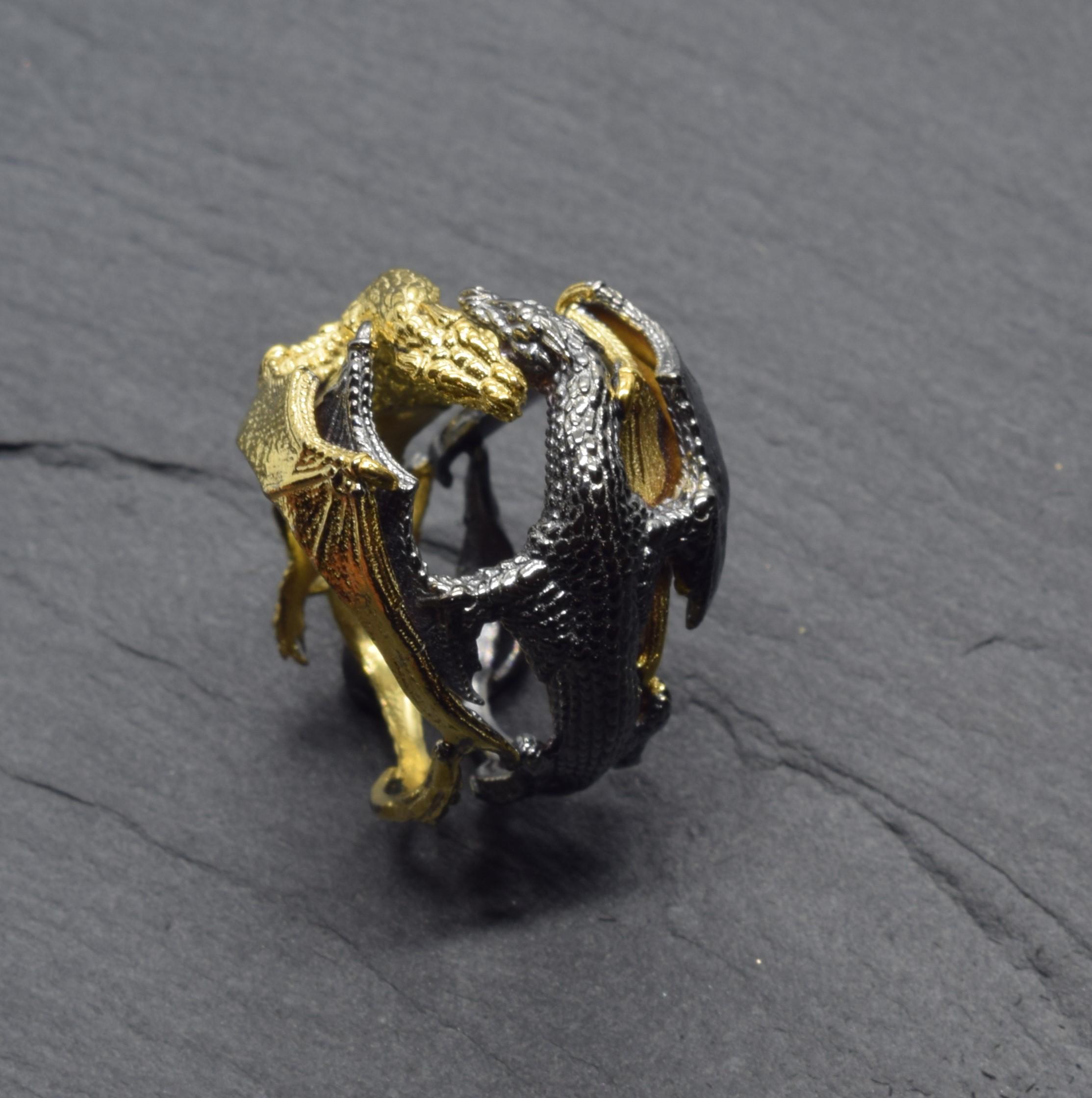 Double Fighting Dragon Two Tone Ring, Gothic Silver Jewelry - Etsy
