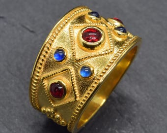 Ancient Greek Garnet Ring, Byzantine Sapphire Ring, Etruscan Jewelry