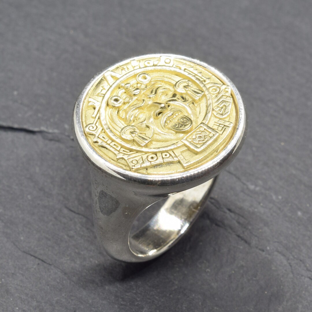 Aztec Two Tone Signet Ring, Maya Mixed Metal Tribal Chunky Ring, Mayan ...