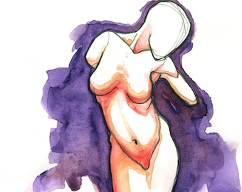 Poem S 59 – Original colorful watercolor, Female figure nude modern art, NYC artist, Free Shipping