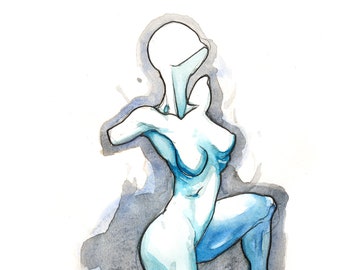 Poem S 68 – Original colorful watercolor, Female figure nude dancer modern art, NYC artist, Free Shipping