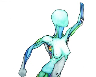 Human Anatomy Watercolor – Colorful Surrealist Figure Art Print