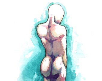 Poem S 43 – Original colorful watercolor, Female nude figure surrealist vivid art, NYC artist, Free Shipping