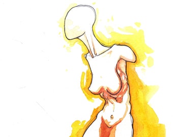 Poem S 75 – Original colorful watercolor, Female nude figure abstract art, Professional NYC artist, Free Shipping