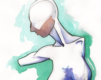 Poem S 72 – Original colorful watercolor, Female nude figure abstract vivid art, NYC artist, Free Shipping