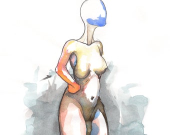 Poem S 22 – Original colorful watercolor, Female figure modern nude art, NYC artist, Free Shipping, Framed option