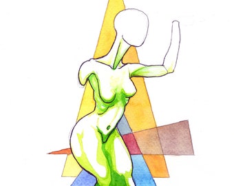 Poem: Triple Triangle – Original colorful watercolor, Female nude figure surrealist vivid art, NYC artist, Free Shipping