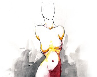 Poem S 15 – Original colorful watercolor, Female nude figure impressionist art, NYC artist, Free Shipping, Framing option