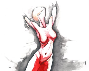 Poem: Heart – Original colorful watercolor, Female nude figure surrealist vivid art, NYC artist, Free Shipping