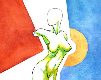 Poem S 49 – Original colorful watercolor, Female figure abstract nude art, NYC artist, Free Shipping