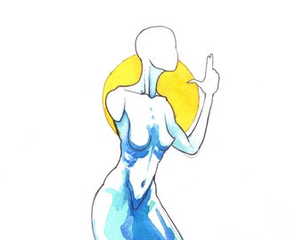 Poem S 71 – Original colorful watercolor, Female abstract figure nude vivid art, NYC artist, Free Shipping