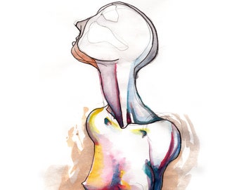 Original Watercolor Female Bust Art – Colorful Graphite Painting