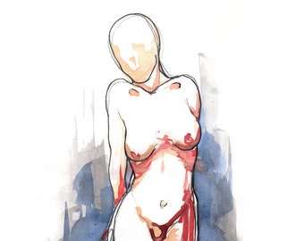 Poem S 9 – Original colorful watercolor, Female figure impressionist nude art, Professional NYC artist, Free Shipping