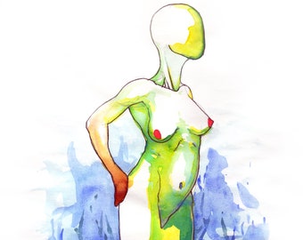 Poem S 6 – Original colorful watercolor, Female nude figure impressionist art, Professional NYC artist, Free Shipping, Framed option