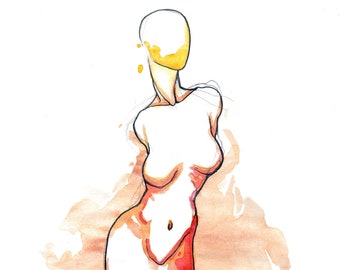 Poem S 21 – Original colorful watercolor, Female abstract nude figure modern art, Professional NYC artist, Free Shipping