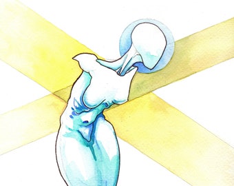 Poem S 63 – Original colorful watercolor, Female figure nude modern art, NYC artist, Free Shipping