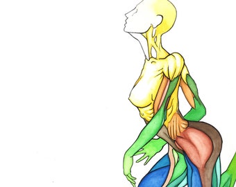 Extension of field, Original colorful watercolor drawing sketch, Human anatomy figure surrealist vivid art, NYC artist