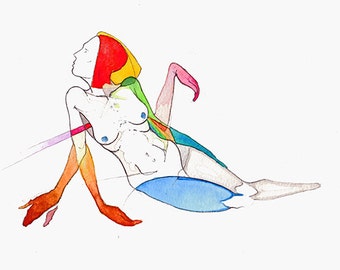Original Watercolor Figure Drawing, Surrealist Human Anatomy Art, 11x8.25"