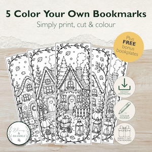 May include: Five black and white printable bookmarks featuring detailed line art illustrations of cozy cottages, pumpkins, and autumn foliage. The text reads 5 Color Your Own Bookmarks, Simply print, cut & colour, Plus FREE bonus bookplates.