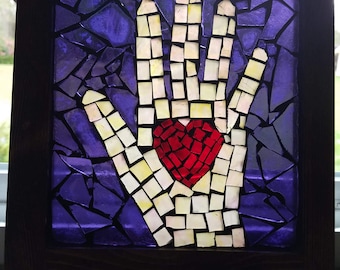 Heart in Hand Stained Glass Mosaic Wall Art Welcome Love Valentine Heart Art Gift Teacher Valentine Anniversary Gift